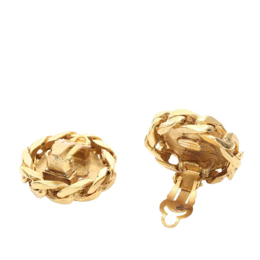 Chanel CC Gold Plated Rhinestone Round Clip On Earrings Gold Metal Good condition - Back View