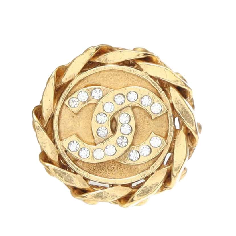 Chanel CC Gold Plated Rhinestone Round Clip On Earrings Gold Metal Good condition - Inside View