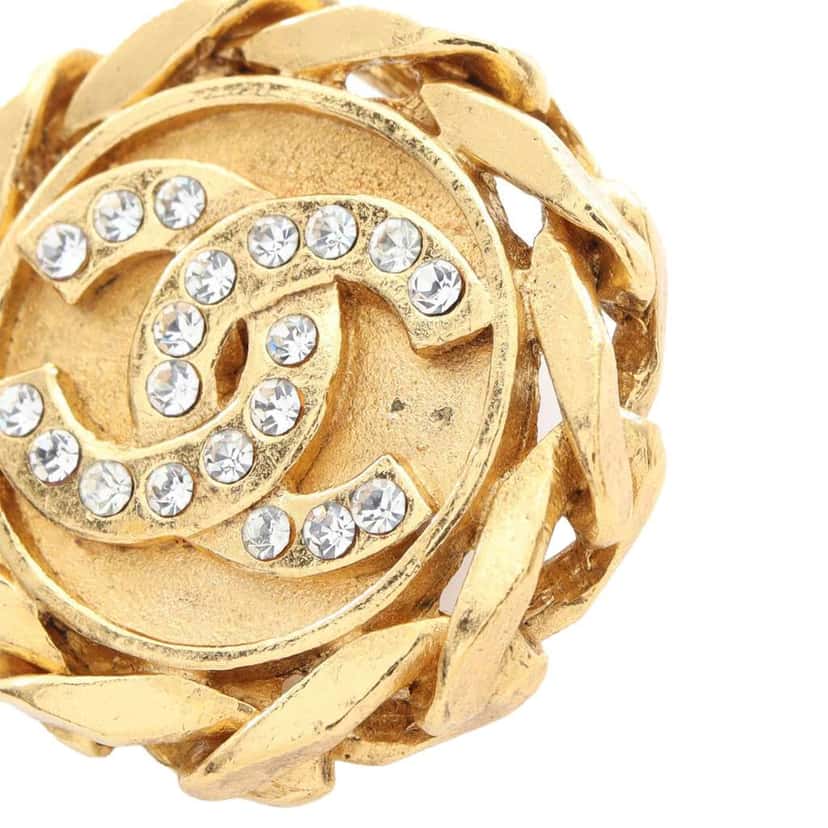 Chanel CC Gold Plated Rhinestone Round Clip On Earrings Gold Metal Good condition - Box View