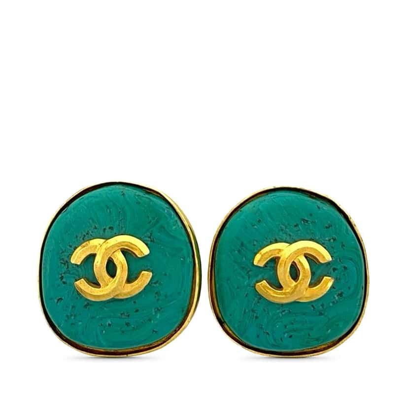 Chanel CC Gold Plated Stone Clip On Earrings Green Good condition - Front View