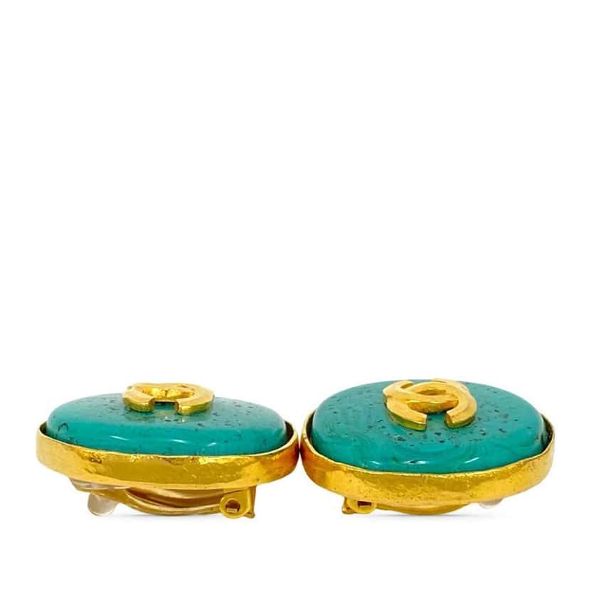 Chanel CC Gold Plated Stone Clip On Earrings Green Good condition - Inside View