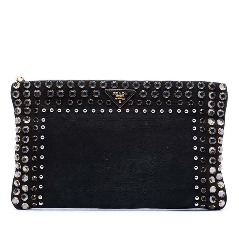 Prada Canvas Canapa Studded Vernice Clutch Black Canvas Very good condition - Front View