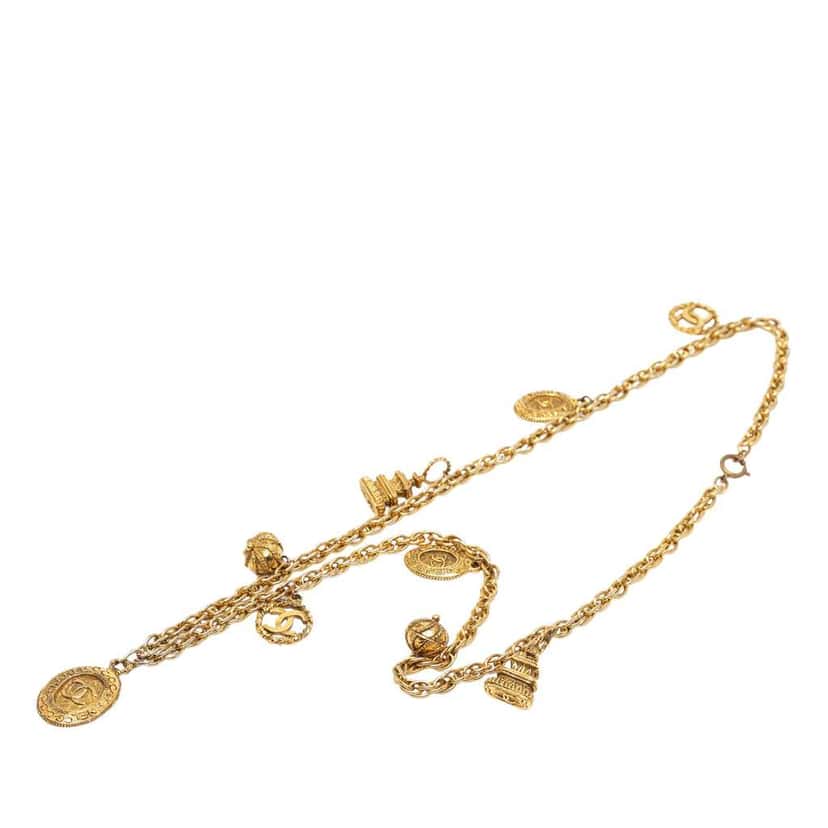 Chanel Gold Plated CC Logo Charm Station Necklace Gold Metal Good condition - Front View