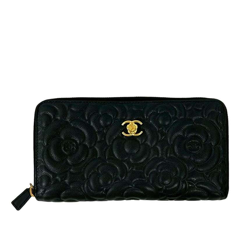 Chanel CC Embossed Caviar Camellia Zip Around Wallet Black Leather Good condition - Front View