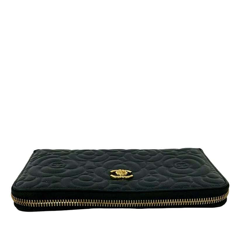 Chanel CC Embossed Caviar Camellia Zip Around Wallet Black Leather Good condition - Back View