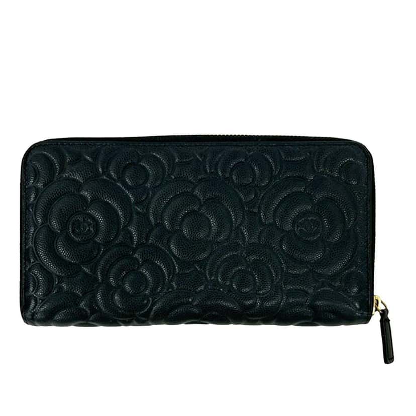 Chanel CC Embossed Caviar Camellia Zip Around Wallet Black Leather Good condition - Model View