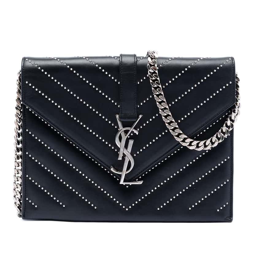 Saint Laurent Studded Chevron Calfskin Monogram Envelope Chain Flap Black Leather Very good condition - Front View