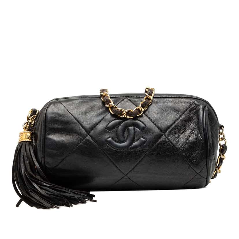 Chanel Quilted Lambskin Tassel Barrel Crossbody Black Leather Good condition - Front View
