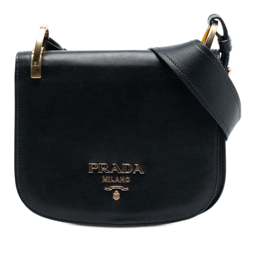 Prada City Calf Pionniere Saddle Bag Black Leather Good condition - Front View