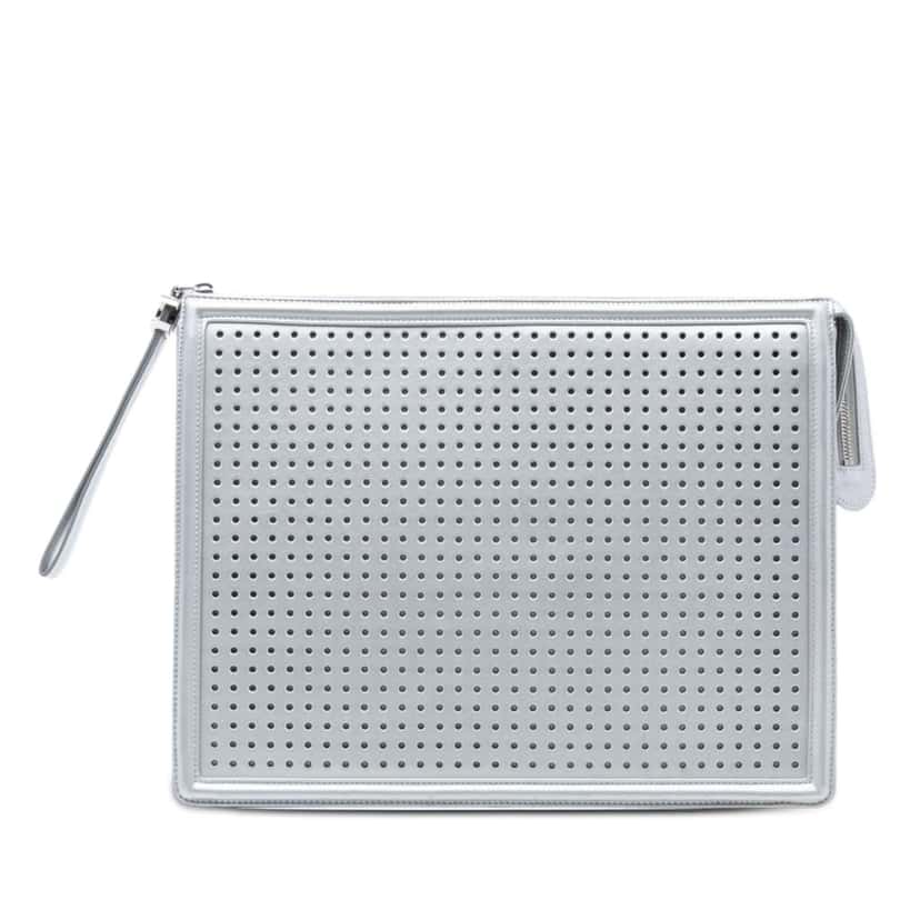 Chanel Perforated Metallic Lambskin Led Boy 2.0 Clutch Silver Leather Good condition - Front View