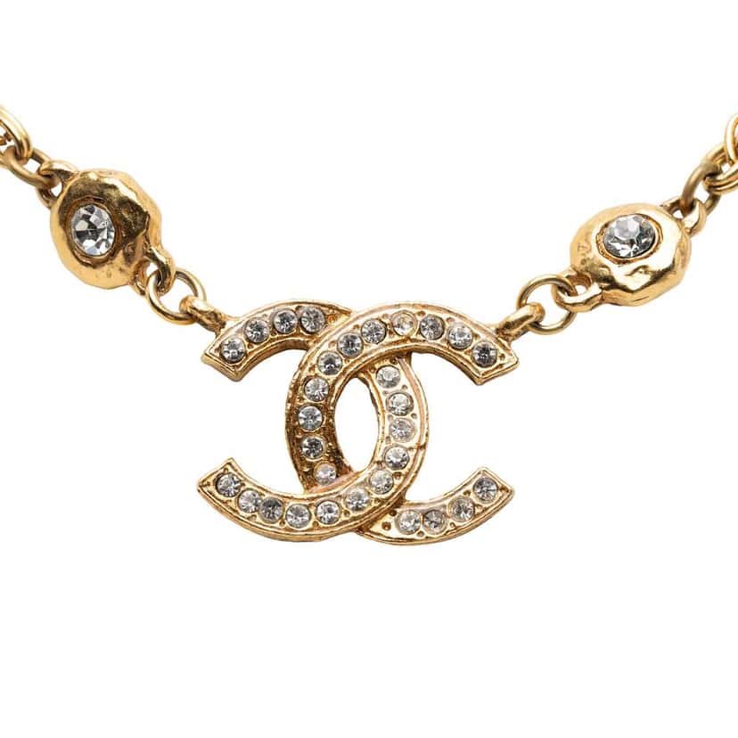 Chanel Gold Plated CC Rhinestone Pendant Necklace Gold Metal Good condition - Front View