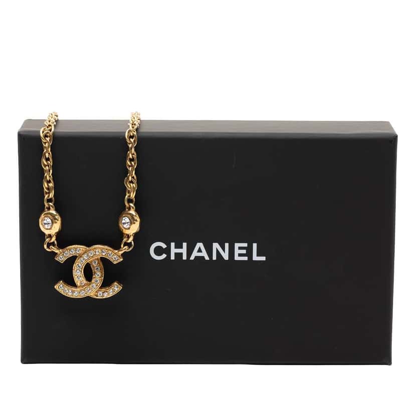 Chanel Gold Plated CC Rhinestone Pendant Necklace Gold Metal Good condition - Box View