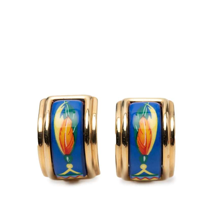 Hermès Enamel Feather Cloisonne Clip On Earrings Blue Very good condition - Front View