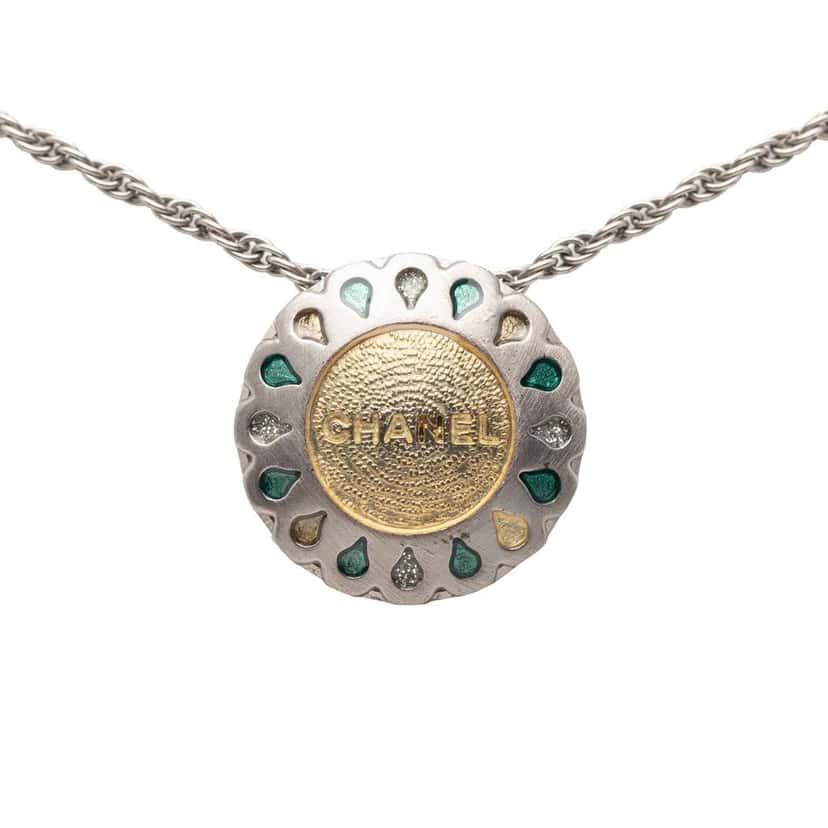 Chanel Silver Plated Rhinestone Flower Pendant Necklace Silver Metal Very good condition - Back View