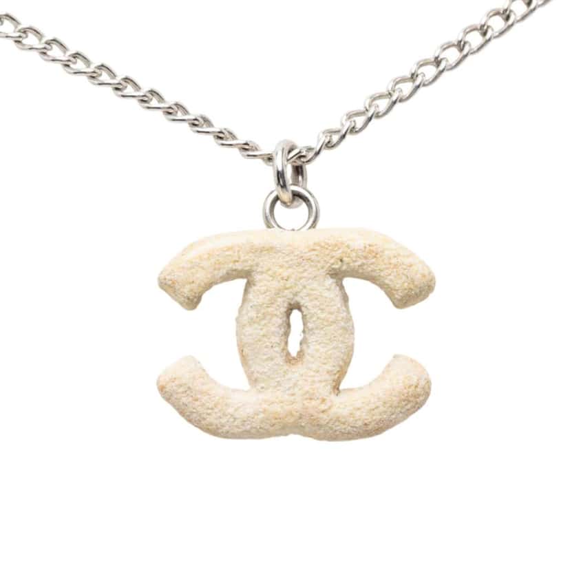 Chanel Silver Plated Textured CC Pendant Necklace Silver Metal Very good condition - Back View