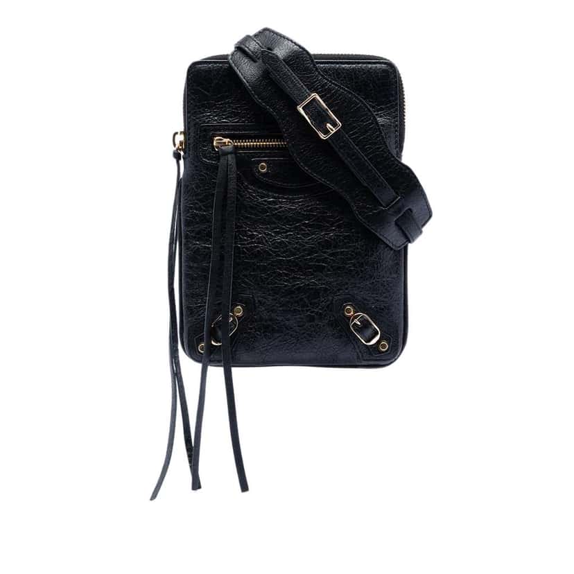Balenciaga Lambskin Motocross Classic Phone Holder Bag Black Leather Very good condition - Front View