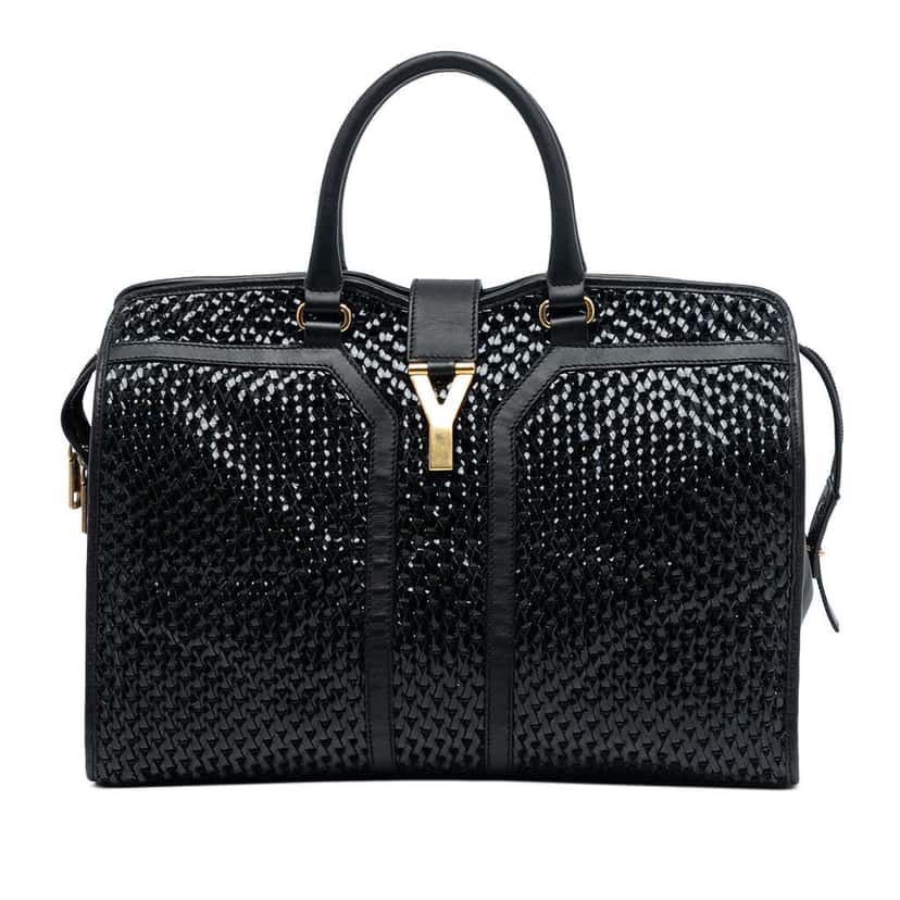 Saint Laurent Large Leather and Braided Vinyl Cabas Chyc Satchel Black Leather Good condition - Front View