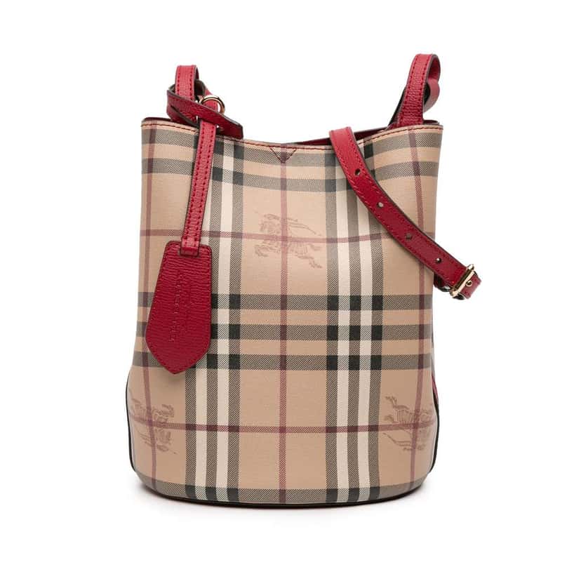 Burberry Haymarket Check Coated Canvas Lorne Bucket Bag Brown Canvas Very good condition - Front View