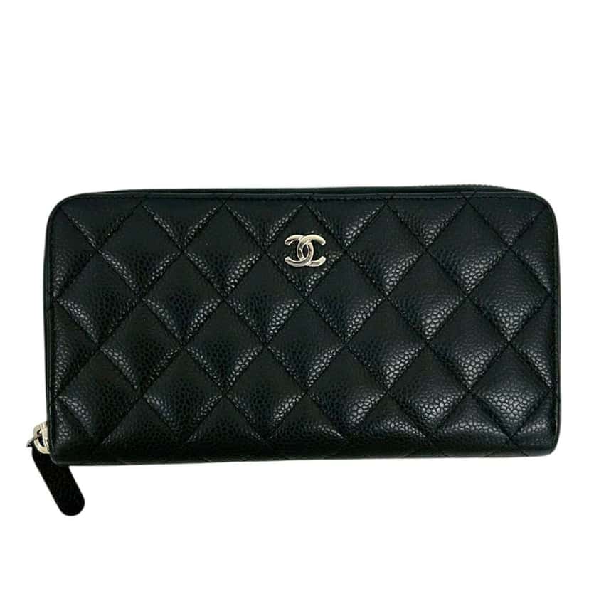 Chanel CC Quilted Caviar Zip Around Long Wallet Black Leather Good condition - Front View