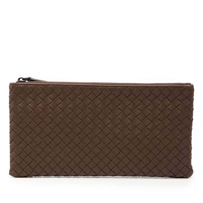 Bottega Veneta Nappa Intrecciato Zip Pouch Brown Leather Very good condition - Front View