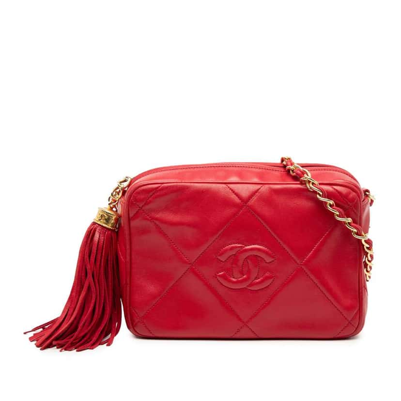 Chanel CC Quilted Lambskin Tassel Camera Bag Red Leather Good condition - Front View