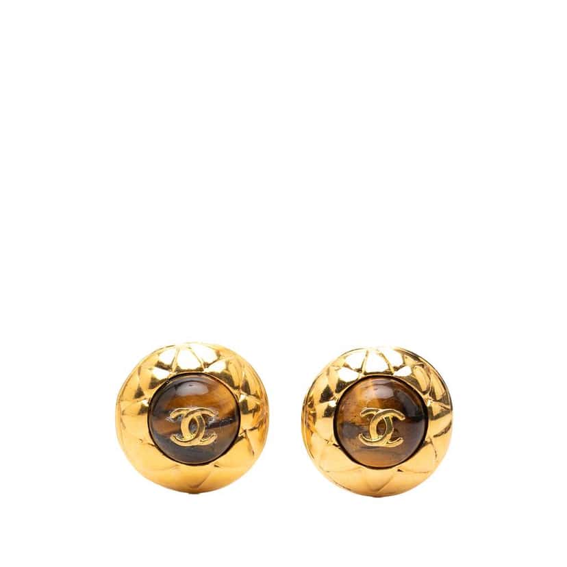 Chanel Gold Plated CC and Resin Tigers Eye Dome Round Clip On Earrings Gold Metal Good condition - Front View