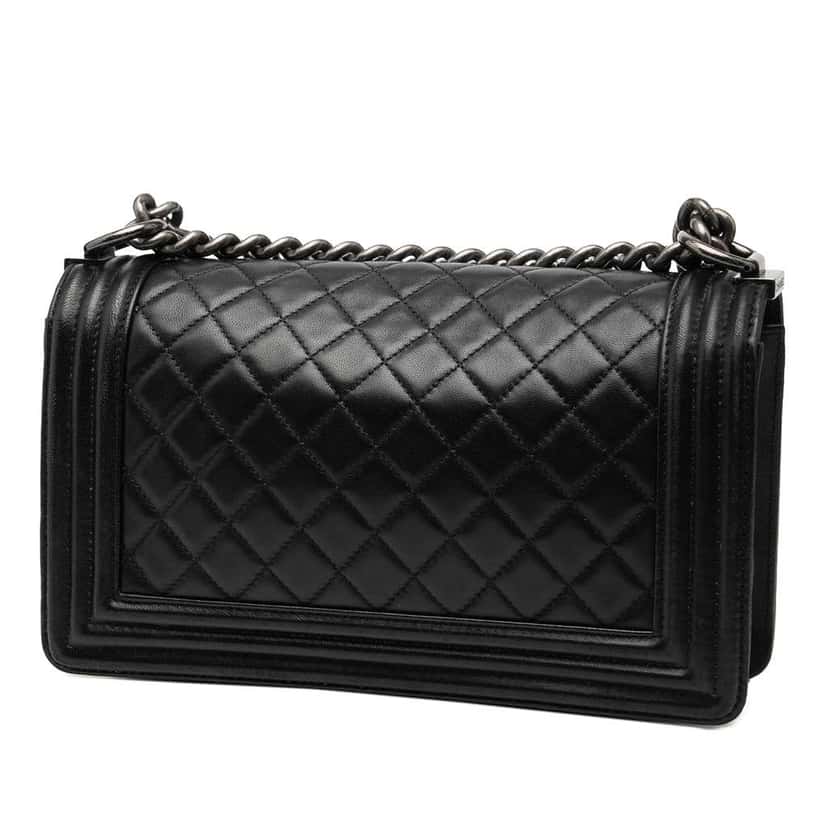 Chanel Old Medium Quilted Lambskin Boy Flap Black Leather Good condition - Back View