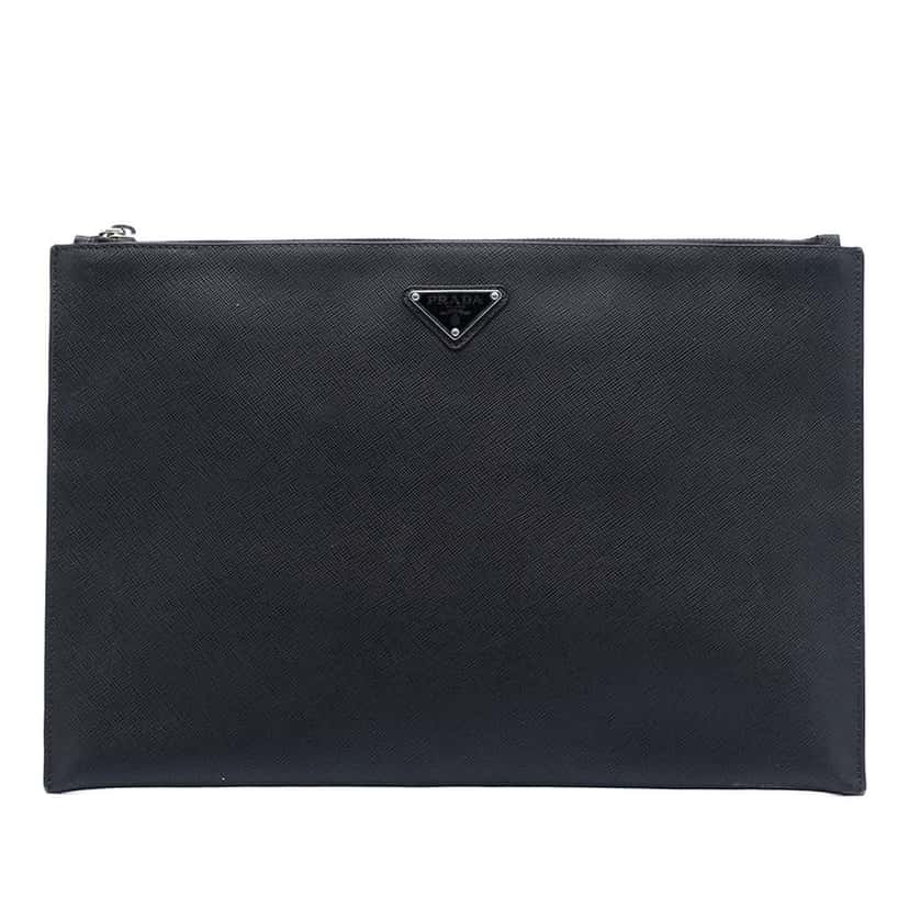 Prada Saffiano Clutch Black Leather Very good condition - Front View