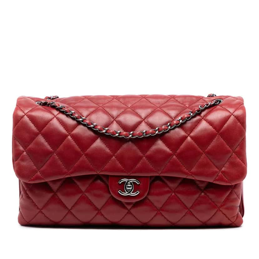 Chanel Maxi Quilted Lambskin 3 Accordion Flap Red Leather Good condition - Front View