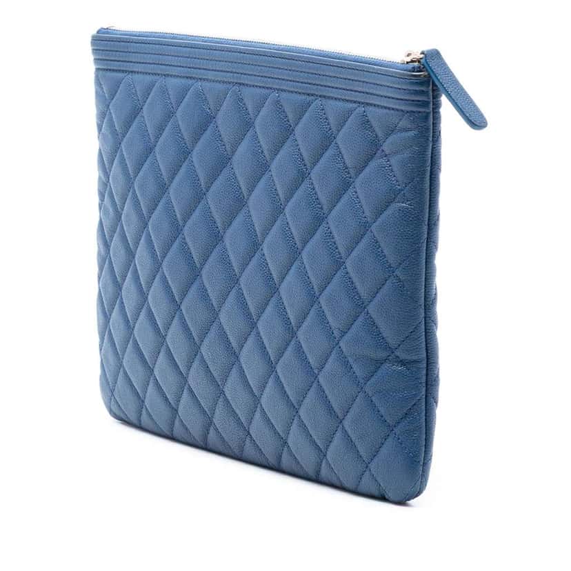 Chanel Medium Quilted Caviar Boy O Case Clutch Blue Leather Very good condition - Back View