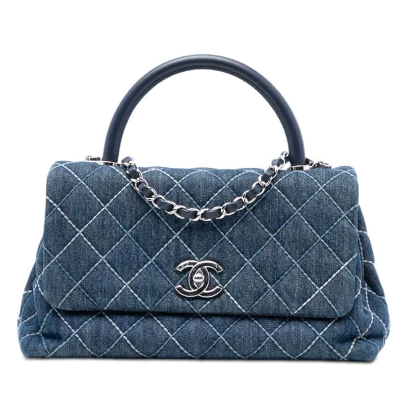 Chanel Small Quilted Denim Coco Top Handle Bag Blue Denim Good condition - Front View