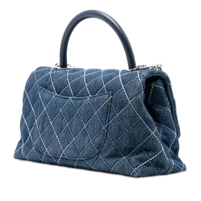 Chanel Small Quilted Denim Coco Top Handle Bag Blue Denim Good condition - Back View