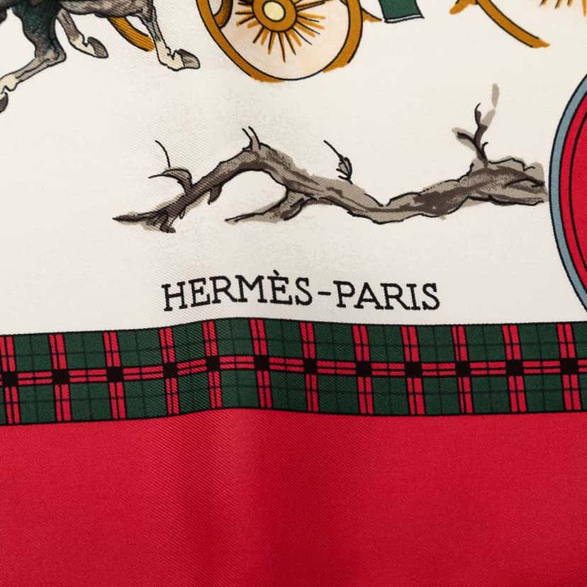 Hermès L Hiver En Poste Silk Scarf 90 Red Silk Very good condition - Back View