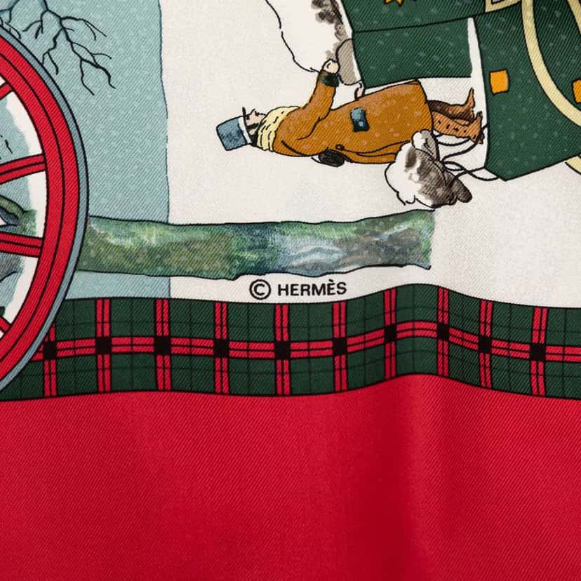 Hermès L Hiver En Poste Silk Scarf 90 Red Silk Very good condition - Inside View