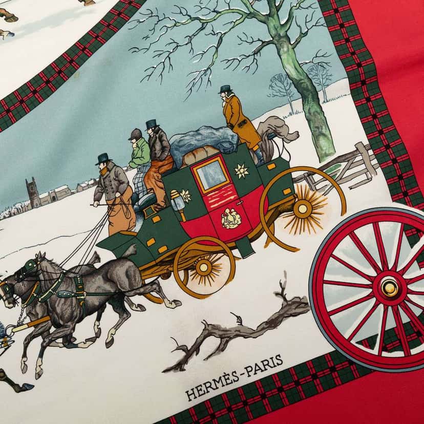 Hermès L Hiver En Poste Silk Scarf 90 Red Silk Very good condition - Model View