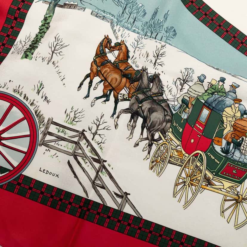 Hermès L Hiver En Poste Silk Scarf 90 Red Silk Very good condition - Box View