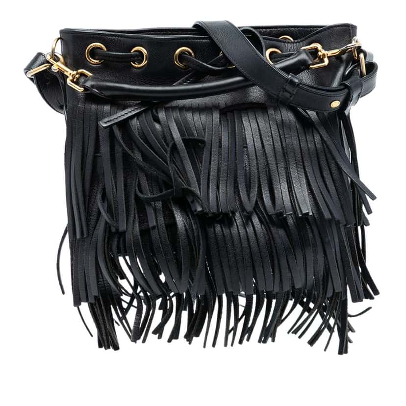 Saint Laurent Small Calfskin Emmanuelle Fringe Bucket Bag Black Leather Very good condition - Front View