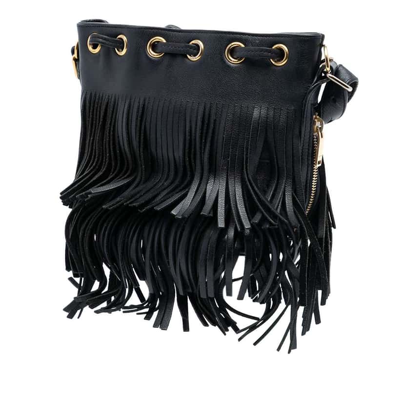 Saint Laurent Small Calfskin Emmanuelle Fringe Bucket Bag Black Leather Very good condition - Back View