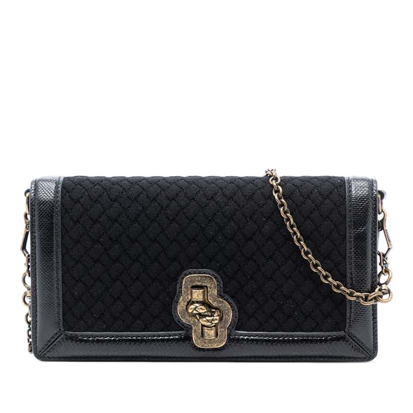Bottega Veneta Karung Trimmed Knit Intrecciato Knot Clutch On Chain Black Wool Very good condition - Front View