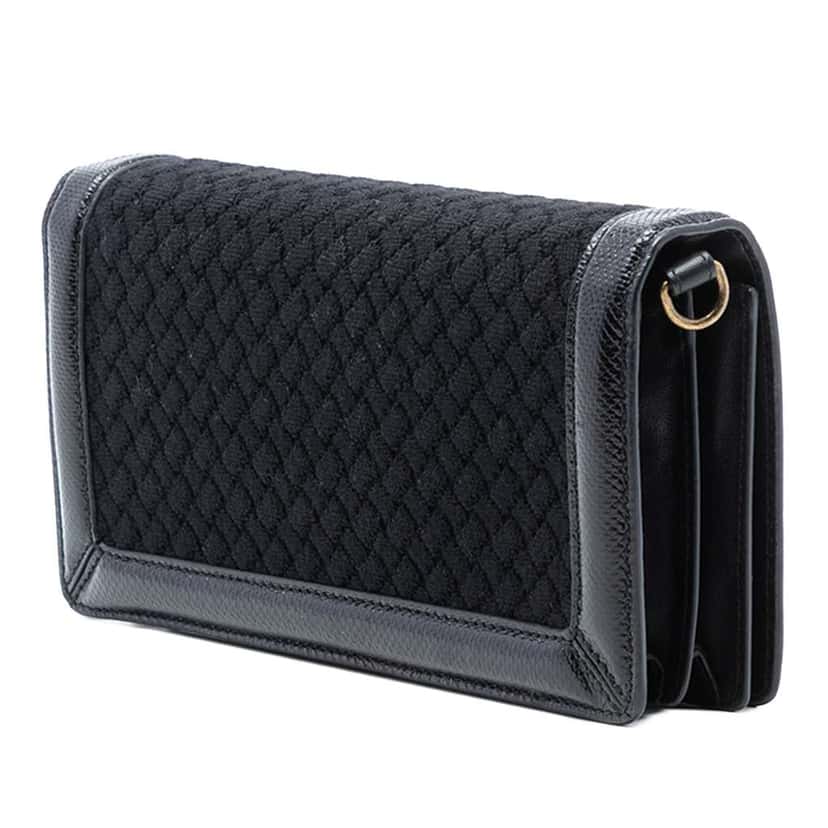 Bottega Veneta Karung Trimmed Knit Intrecciato Knot Clutch On Chain Black Wool Very good condition - Back View
