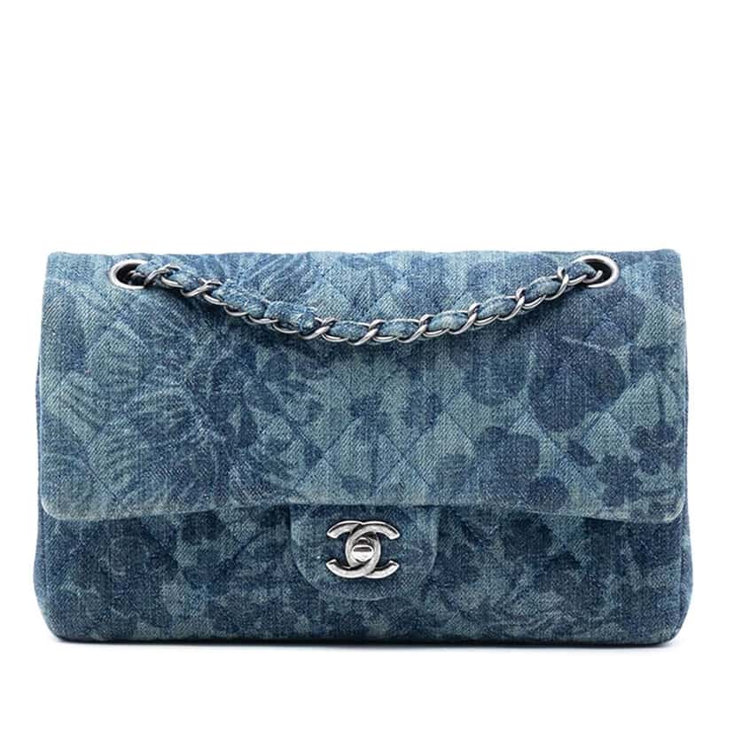 Chanel Medium Classic Denim Floral Double Flap Blue Denim Very good condition - Front View