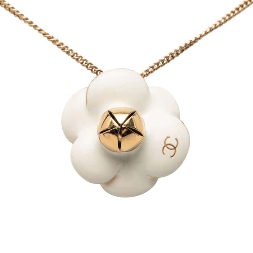 Chanel CC Gold Plated Enamel Camellia Pendant Necklace Gold Metal Good condition - Back View
