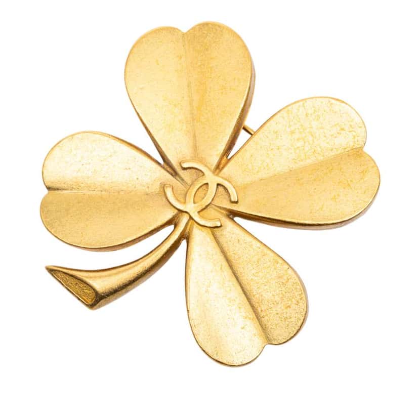 Chanel CC Brushed Gold Plated Four Leaf Clover Brooch Gold Metal Good condition - Front View