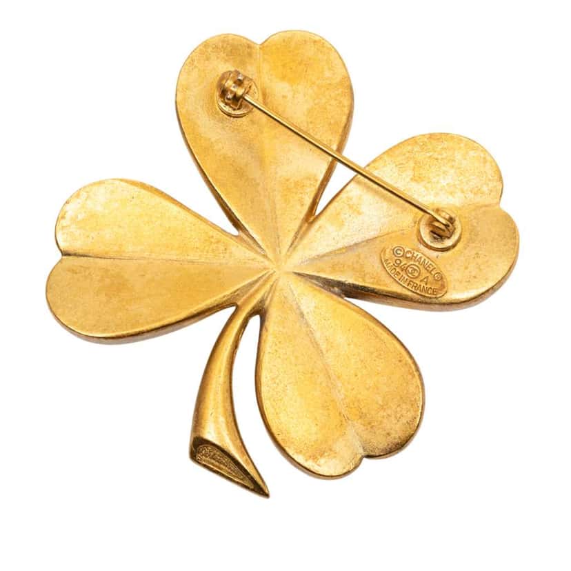 Chanel CC Brushed Gold Plated Four Leaf Clover Brooch Gold Metal Good condition - Back View