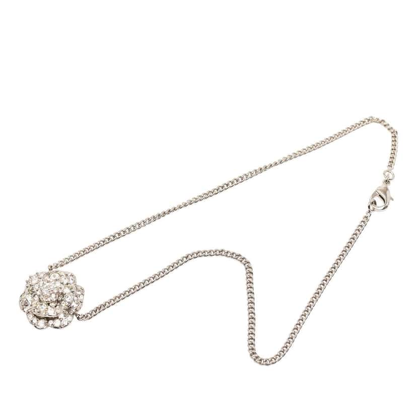 Chanel CC Silver Plated Rhinestones Camellia Pendant Necklace Silver Metal Good condition - Front View