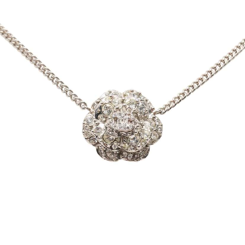 Chanel CC Silver Plated Rhinestones Camellia Pendant Necklace Silver Metal Good condition - Back View