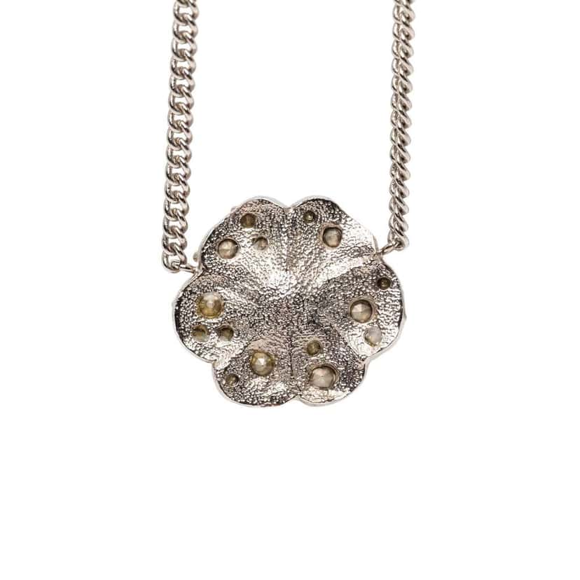 Chanel CC Silver Plated Rhinestones Camellia Pendant Necklace Silver Metal Good condition - Inside View