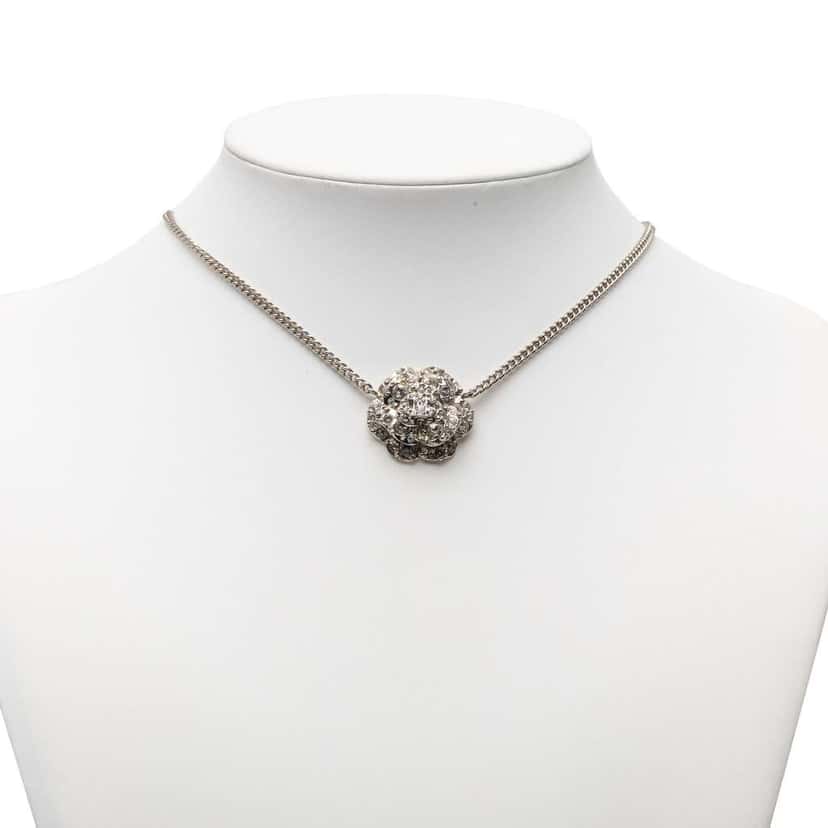 Chanel CC Silver Plated Rhinestones Camellia Pendant Necklace Silver Metal Good condition - Box View