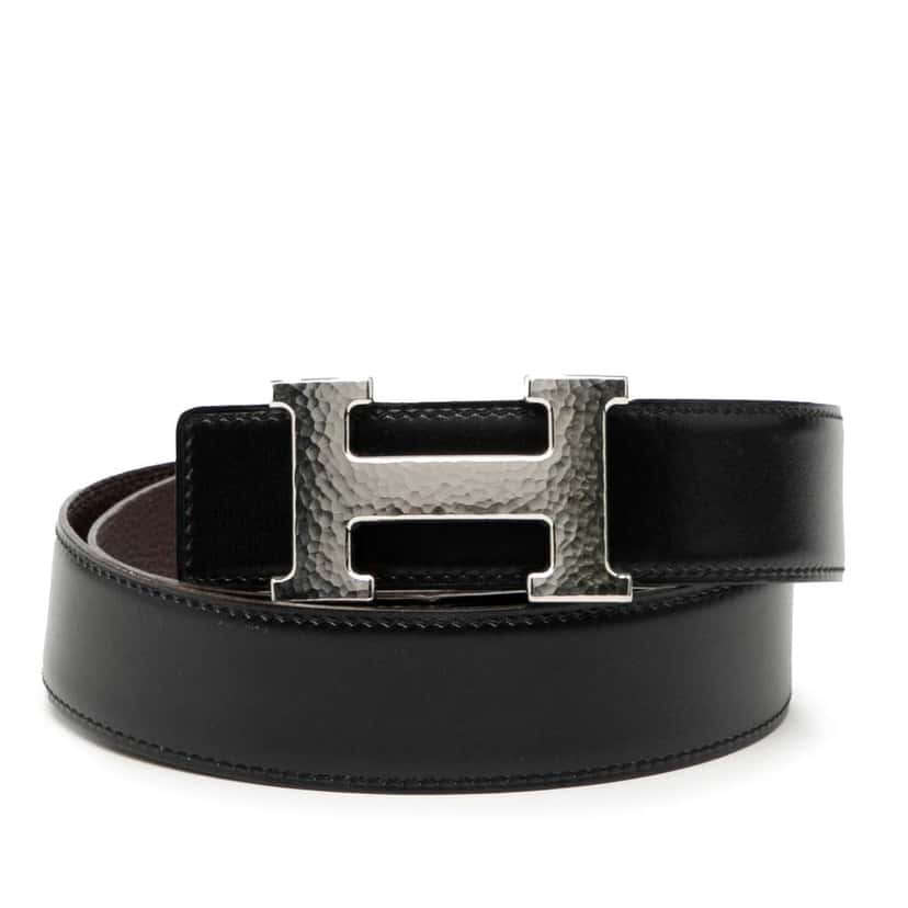 Hermès Swift and Togo Constance H Martelee Reversible Belt Black Leather Good condition - Front View
