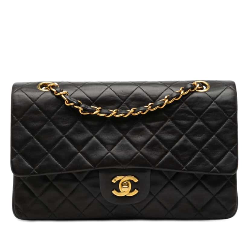 Chanel Medium Classic Lambskin Double Flap Black Leather Good condition - Front View